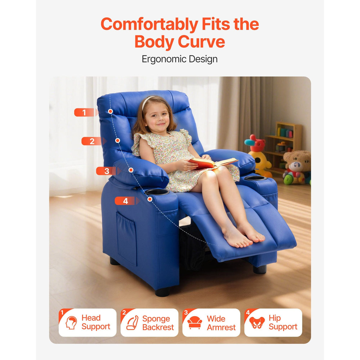 Kids Reclining Chair, Toddler Recliner with 2 Cup Holders and 4 Pockets, 107° to 126° Adjustable Back, Easy-to-Clean PU Leather Recliner Couch with Footrest, for Boys, Girls & Children (Blue)