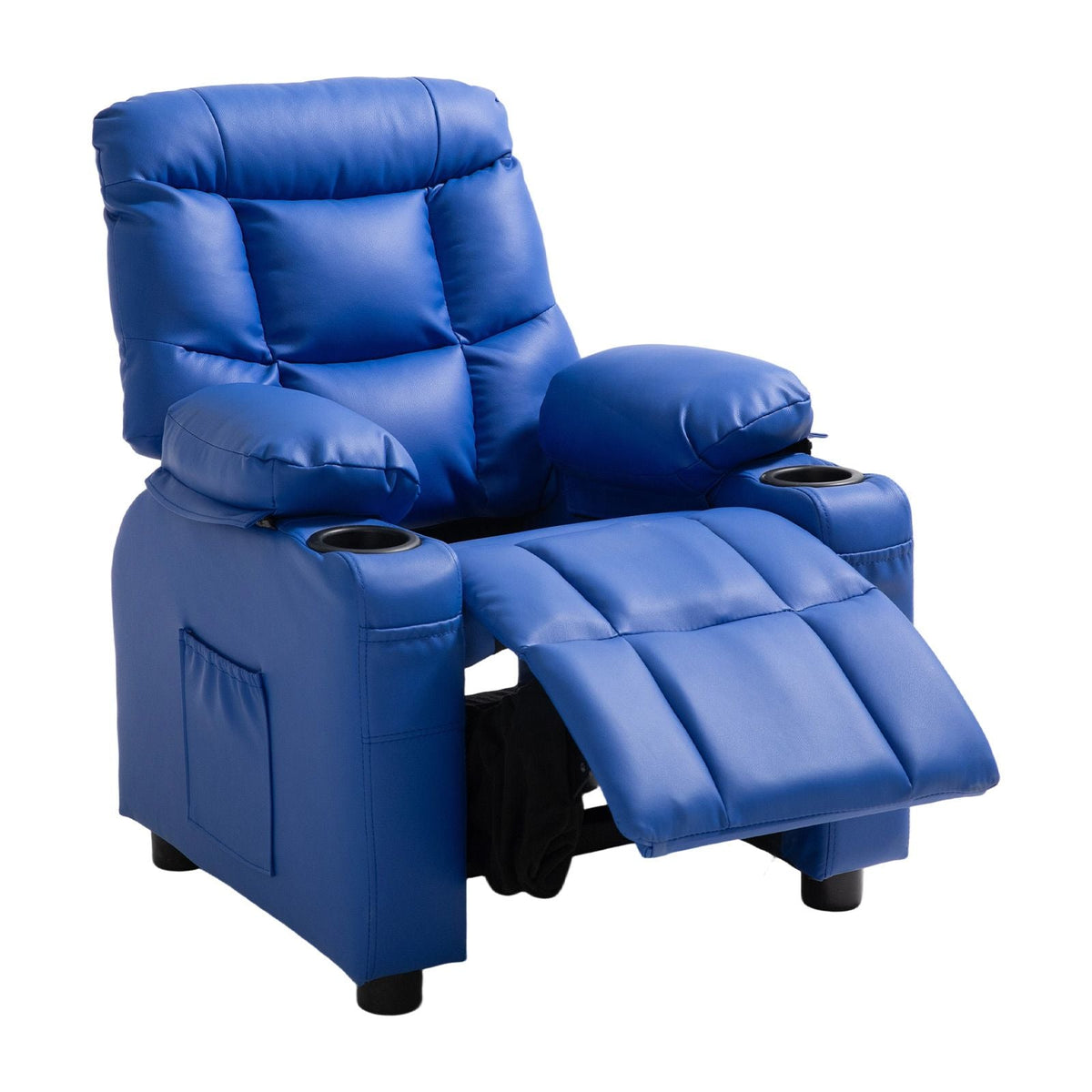 Kids Reclining Chair, Toddler Recliner with 2 Cup Holders and 4 Pockets, 107° to 126° Adjustable Back, Easy-to-Clean PU Leather Recliner Couch with Footrest, for Boys, Girls & Children (Blue)