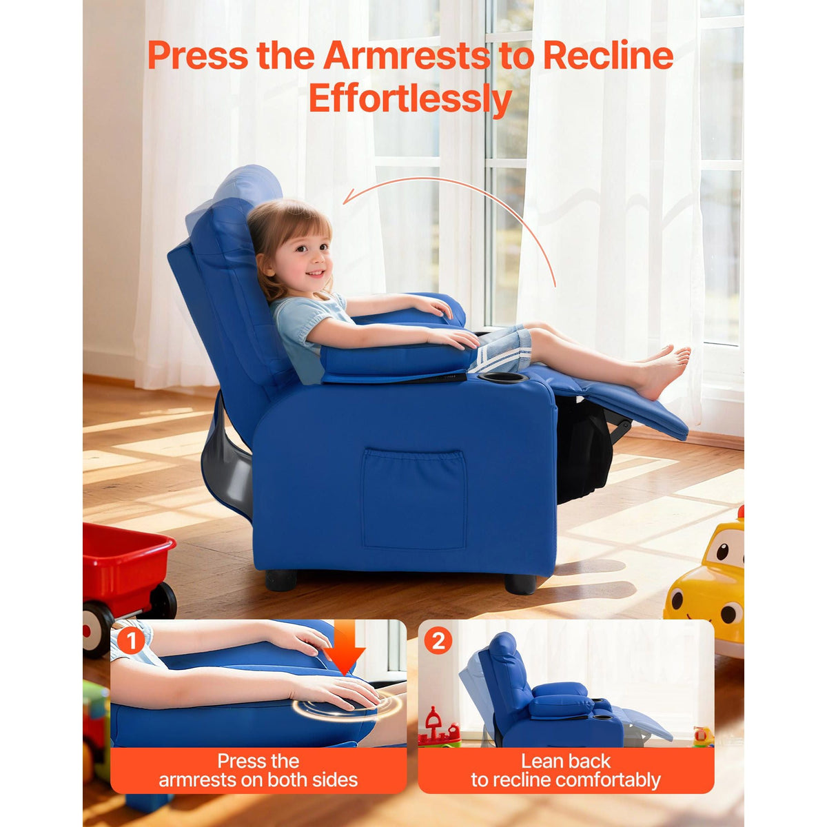 Kids Reclining Chair, Toddler Recliner with 2 Cup Holders and 4 Pockets, 107° to 126° Adjustable Back, Easy-to-Clean PU Leather Recliner Couch with Footrest, for Boys, Girls & Children (Blue)