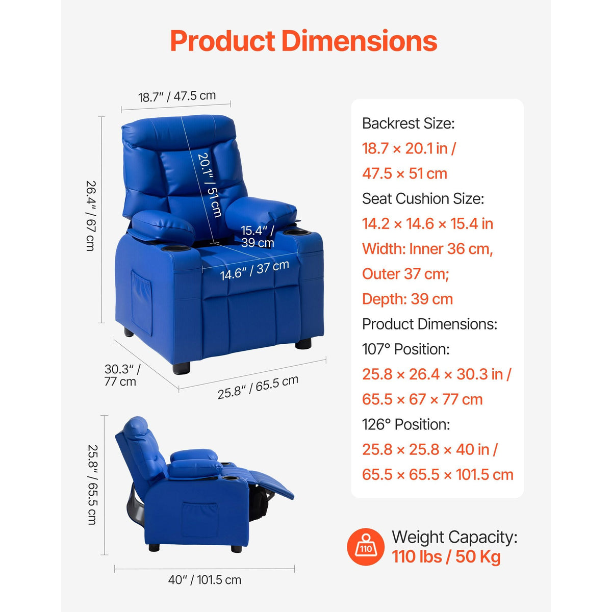 Kids Reclining Chair, Toddler Recliner with 2 Cup Holders and 4 Pockets, 107° to 126° Adjustable Back, Easy-to-Clean PU Leather Recliner Couch with Footrest, for Boys, Girls & Children (Blue)