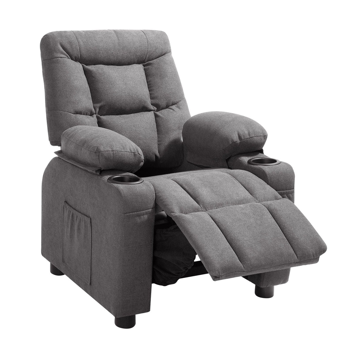Kids Reclining Chair, Toddler Recliner with Cup Holders and Pockets, 107° to 126° Adjustable Backrest, Breathable Polyester Fabric Recliner Couch with Footrest, for Boys & Girls, Children(Grey)