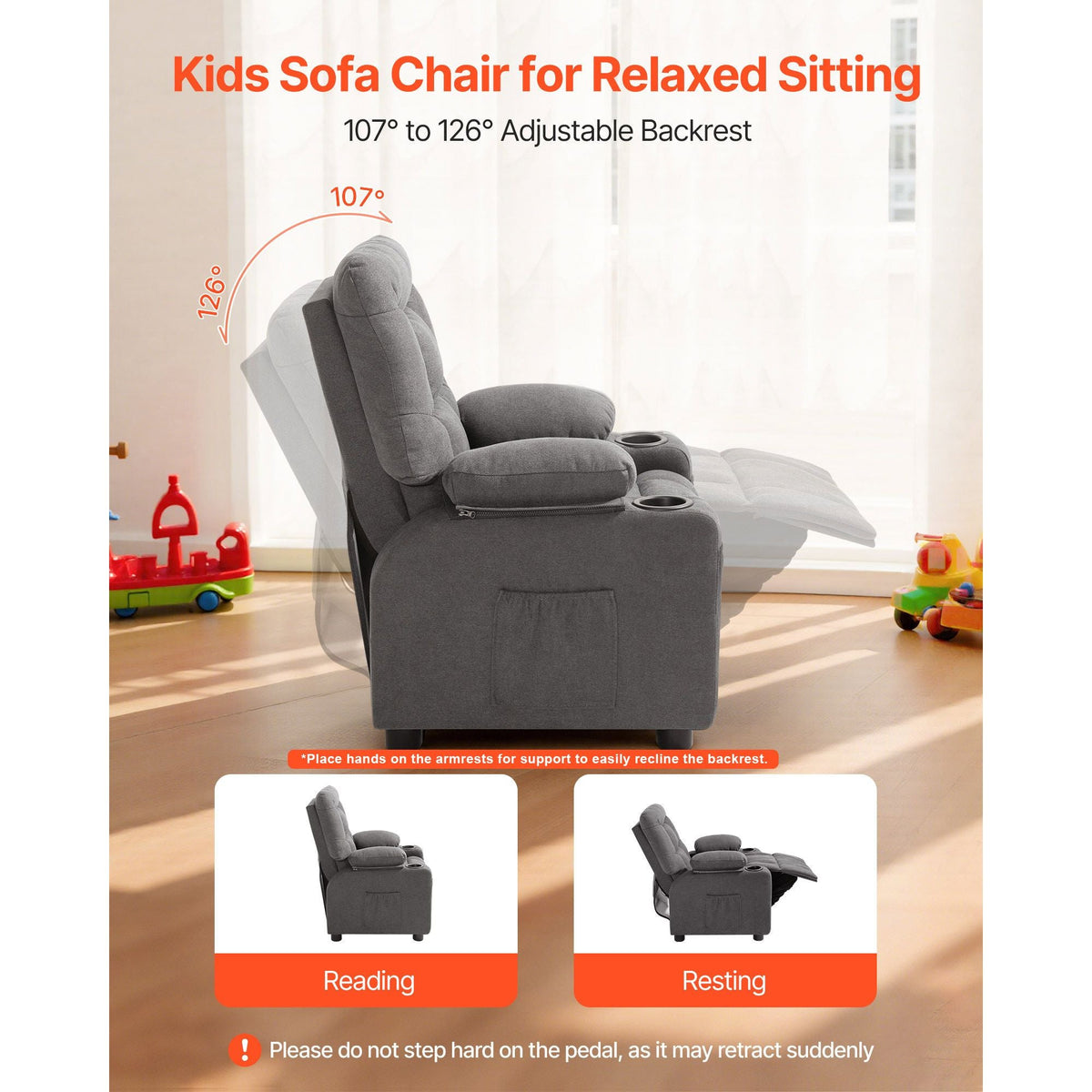 Kids Reclining Chair, Toddler Recliner with Cup Holders and Pockets, 107° to 126° Adjustable Backrest, Breathable Polyester Fabric Recliner Couch with Footrest, for Boys & Girls, Children(Grey)