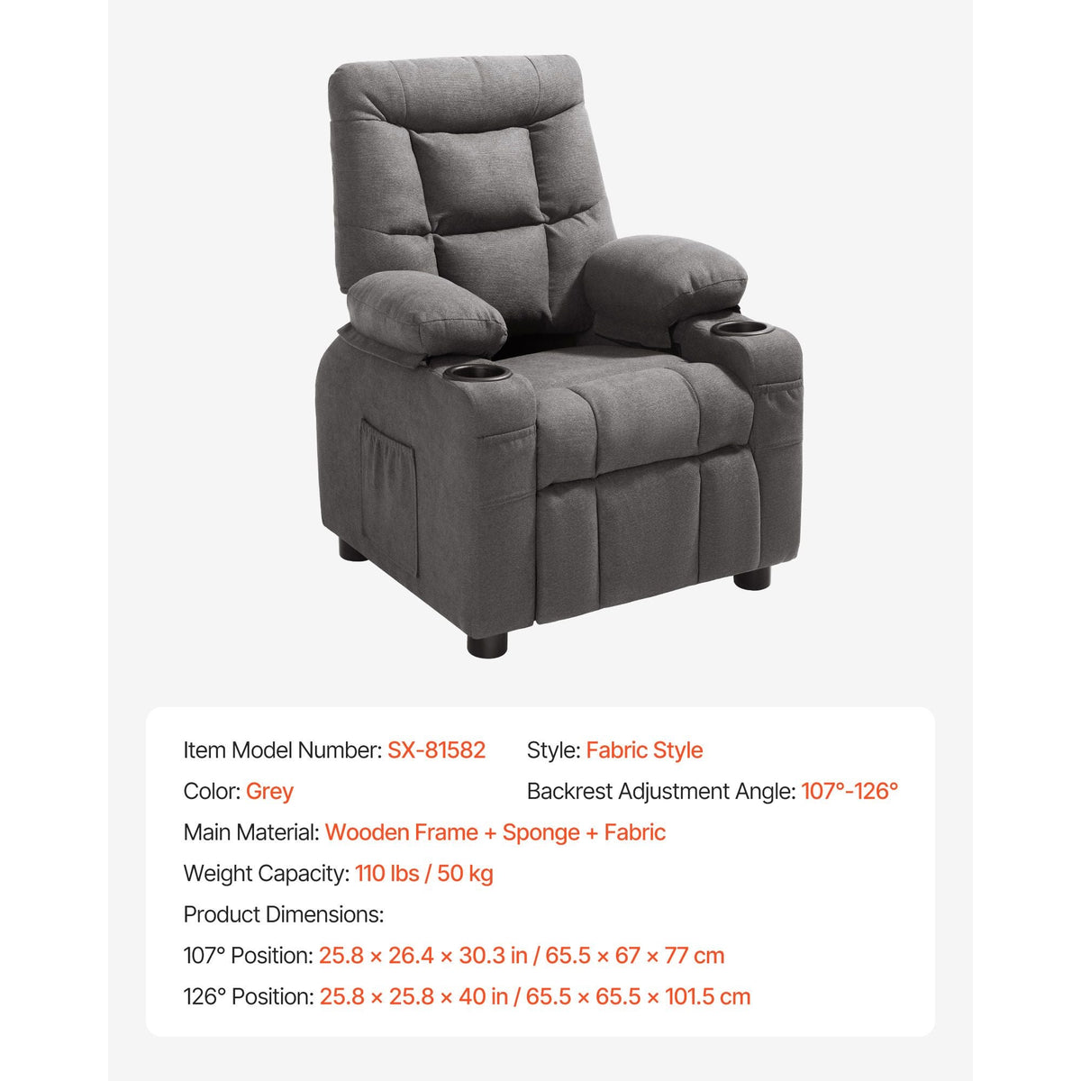Kids Reclining Chair, Toddler Recliner with Cup Holders and Pockets, 107° to 126° Adjustable Backrest, Breathable Polyester Fabric Recliner Couch with Footrest, for Boys & Girls, Children(Grey)