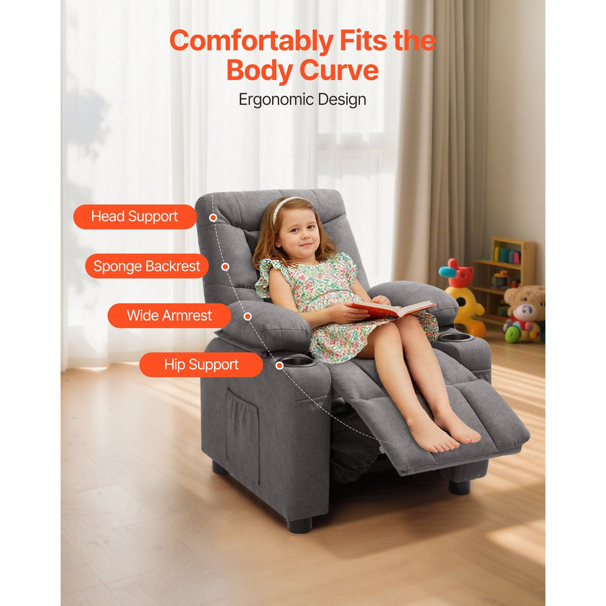Kids Reclining Chair, Toddler Recliner with Cup Holders and Pockets, 107° to 126° Adjustable Backrest, Breathable Polyester Fabric Recliner Couch with Footrest, for Boys & Girls, Children(Grey)
