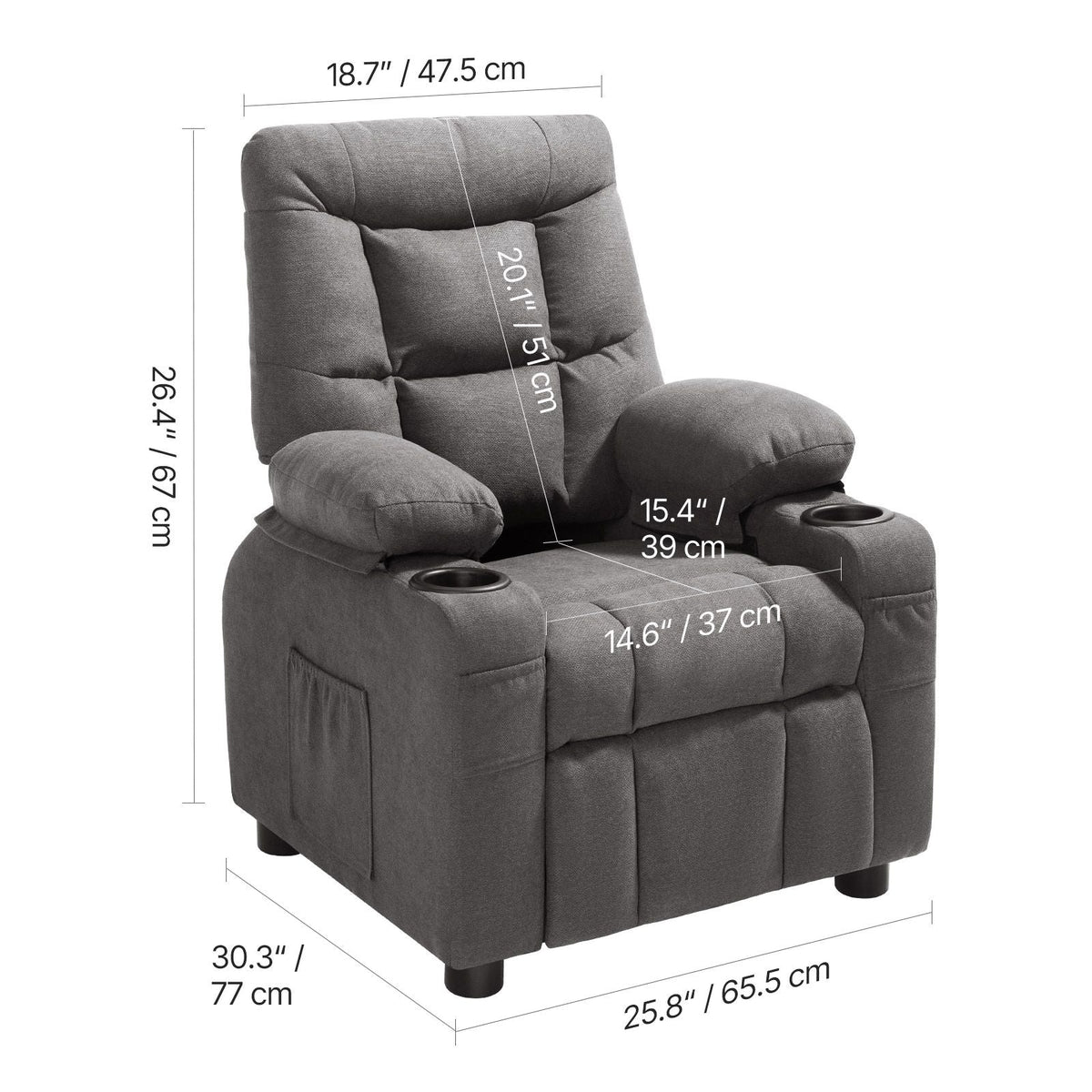 Kids Reclining Chair, Toddler Recliner with Cup Holders and Pockets, 107° to 126° Adjustable Backrest, Breathable Polyester Fabric Recliner Couch with Footrest, for Boys & Girls, Children(Grey)
