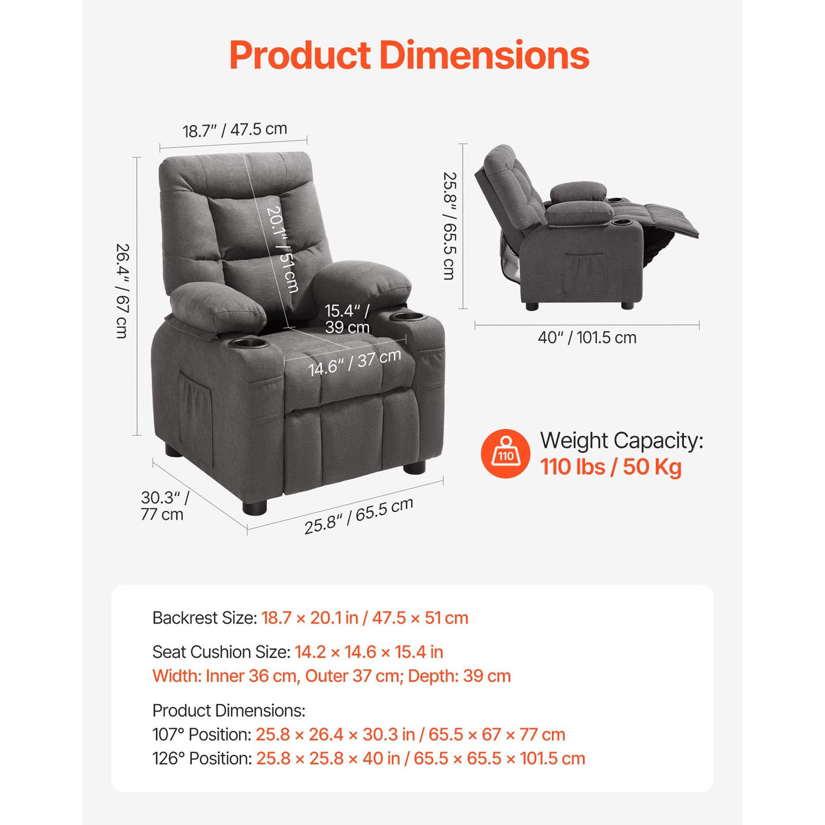 Kids Reclining Chair, Toddler Recliner with Cup Holders and Pockets, 107° to 126° Adjustable Backrest, Breathable Polyester Fabric Recliner Couch with Footrest, for Boys & Girls, Children(Grey)