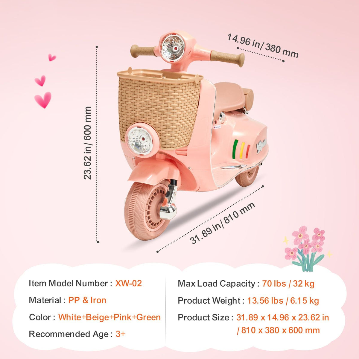 Kids Ride On Motorcycle, 12V Battery Powered Electric Motorcycle Trike with Speed Up to 2mph, Headlight, LED Light, Music, Bluetooth, Basket, 3 Wheel Ride on Toys for Boys Girls Aged 3-4