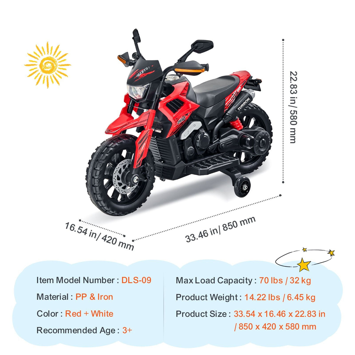 Kids Ride On Motorcycle, 12V Battery Powered Electric Motorcycle with Speed Up to 3mph, Detachable Training Wheels, Headlight, LED Light, Music, Bluetooth, Gift for Children Boys Girls Aged 3-4