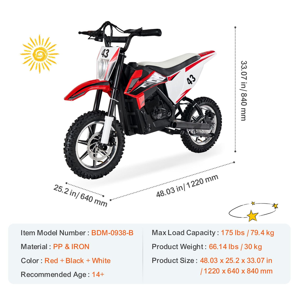 Kids Ride On Motorcycle, 36V Battery Powered Electric Motorcycle with Speed Up to 15.5mph, Treaded Tires, Battery Gauge, Dual Brakes, Ride on Toys for Children Boys Girls Aged 14+