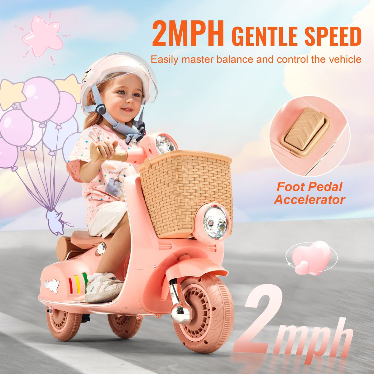 Kids Ride On Motorcycle, 6V Battery Powered Electric Motorcycle Trike with Speed Up to 2mph, Headlight, LED Light, Music, Bluetooth, Basket, 3 Wheel Ride on Toys for Children Boys Girls Aged 3-4