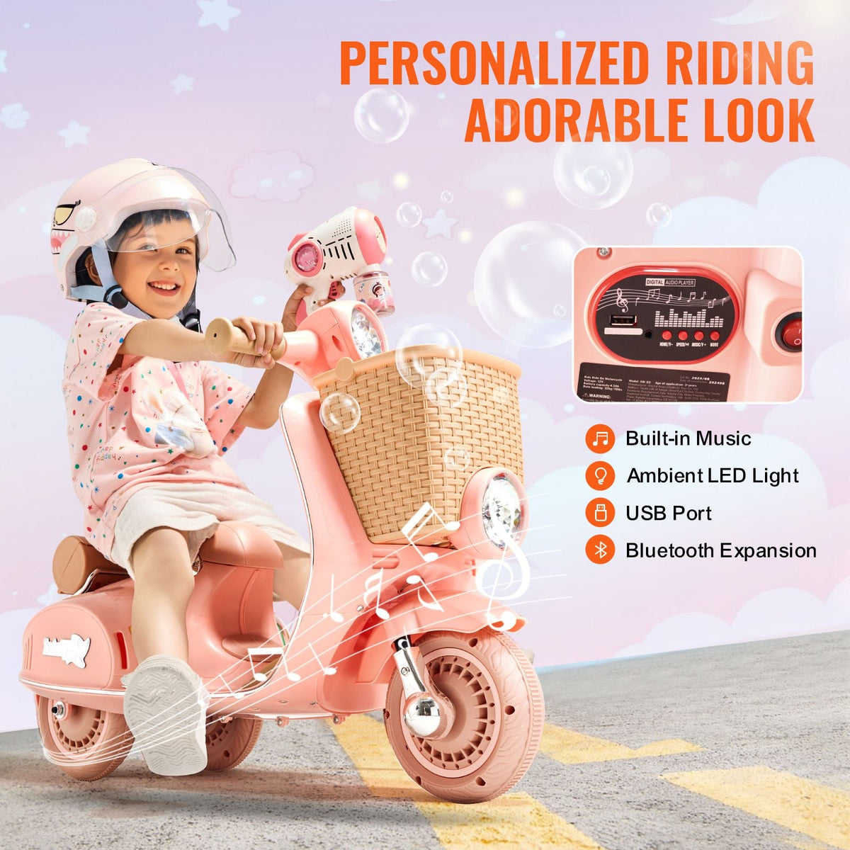 Kids Ride On Motorcycle, 6V Battery Powered Electric Motorcycle Trike with Speed Up to 2mph, Headlight, LED Light, Music, Bluetooth, Basket, 3 Wheel Ride on Toys for Children Boys Girls Aged 3-4