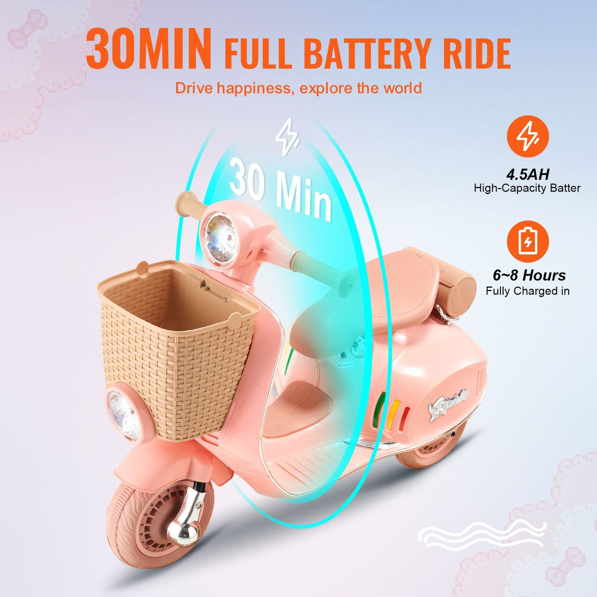 Kids Ride On Motorcycle, 6V Battery Powered Electric Motorcycle Trike with Speed Up to 2mph, Headlight, LED Light, Music, Bluetooth, Basket, 3 Wheel Ride on Toys for Children Boys Girls Aged 3-4