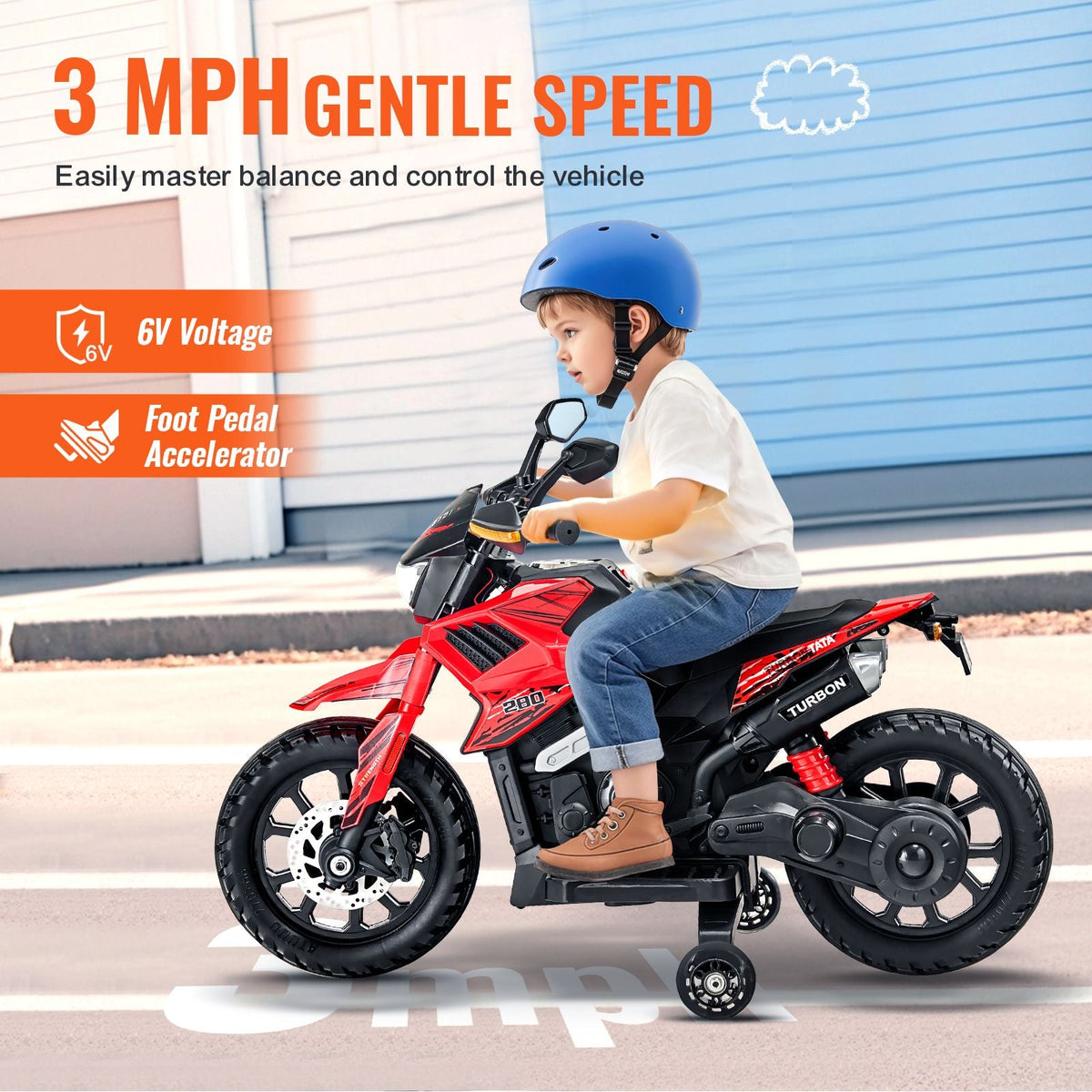 Kids Ride On Motorcycle, 6V Battery Powered Electric Motorcycle with Speed Up to 3mph, Detachable Training Wheels, Headlight, LED Light, Music, Bluetooth, Gift for Children Boys Girls Aged 3-4