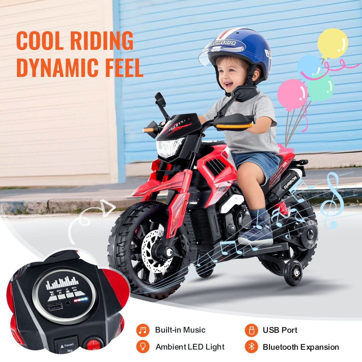 Kids Ride On Motorcycle, 6V Battery Powered Electric Motorcycle with Speed Up to 3mph, Detachable Training Wheels, Headlight, LED Light, Music, Bluetooth, Gift for Children Boys Girls Aged 3-4