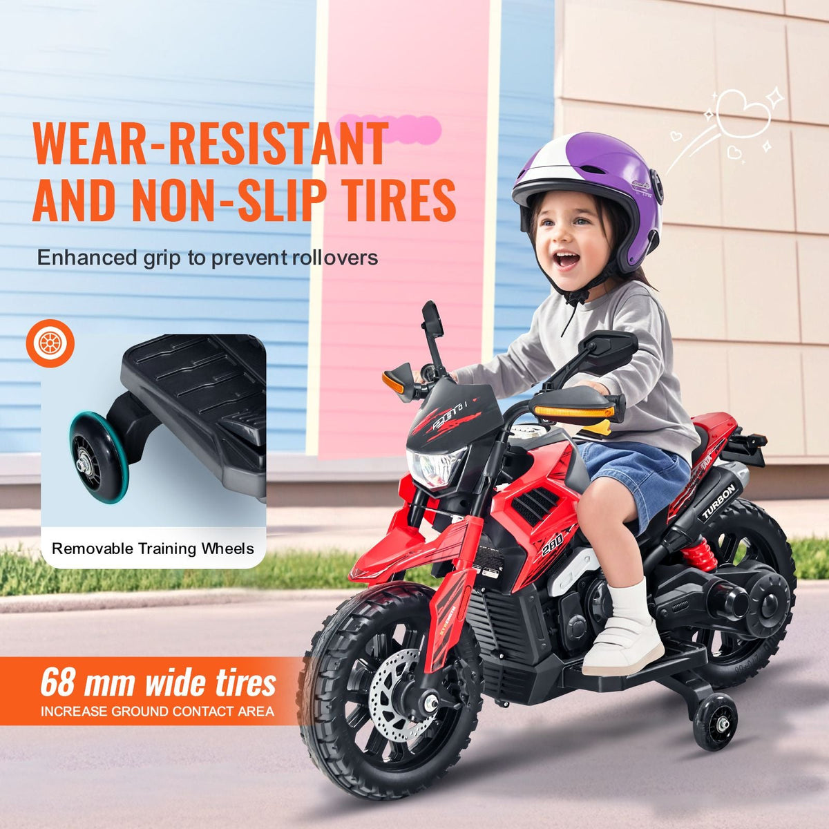 Kids Ride On Motorcycle, 6V Battery Powered Electric Motorcycle with Speed Up to 3mph, Detachable Training Wheels, Headlight, LED Light, Music, Bluetooth, Gift for Children Boys Girls Aged 3-4