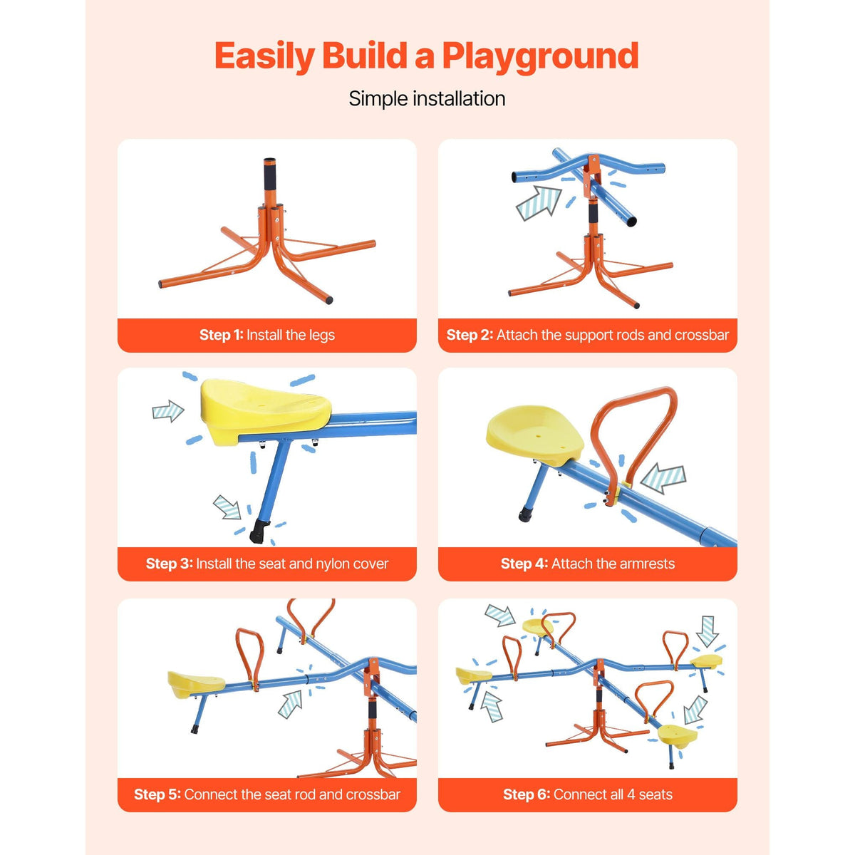 Kids Seesaw, 110 lbs Load Capacity per Seat, Sit and Spin Teeter Totter with 4-prong Support Legs, Kids Outdoor Playground Equipment, Swiveling 360 Degrees Rotating for Children Aged 3+, 4 Seats