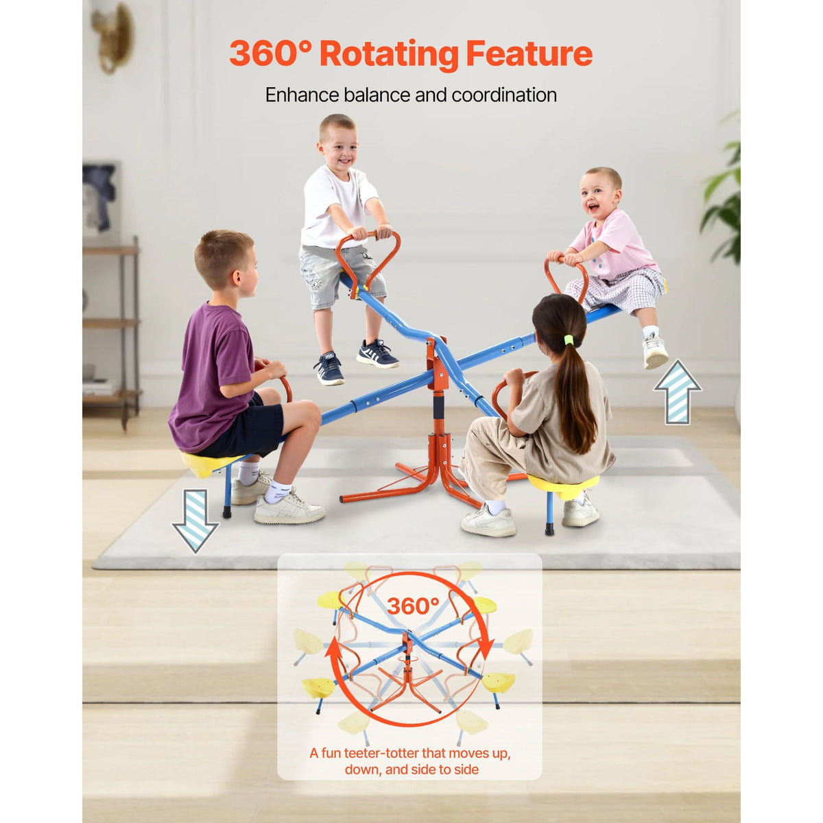 Kids Seesaw, 110 lbs Load Capacity per Seat, Sit and Spin Teeter Totter with 4-prong Support Legs, Kids Outdoor Playground Equipment, Swiveling 360 Degrees Rotating for Children Aged 3+, 4 Seats