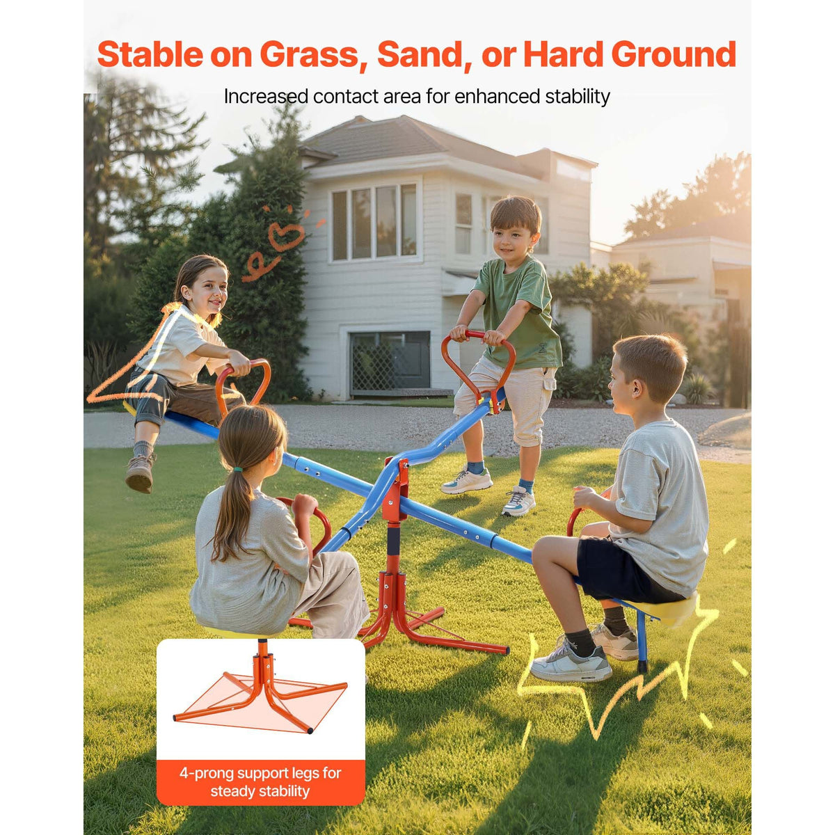 Kids Seesaw, 110 lbs Load Capacity per Seat, Sit and Spin Teeter Totter with 4-prong Support Legs, Kids Outdoor Playground Equipment, Swiveling 360 Degrees Rotating for Children Aged 3+, 4 Seats
