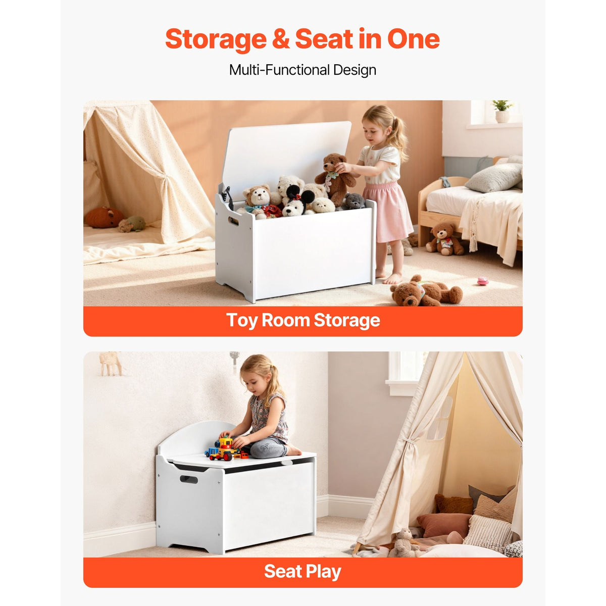 Kids Storage Bench, Wooden Toy Box Chest with Backrest, Large Storage Cabinet with Safety Hinge, Toddlers Storage Bench for Playroom, Living Room or Entryway, 23.5 x 14.5 x 21.46 in, White