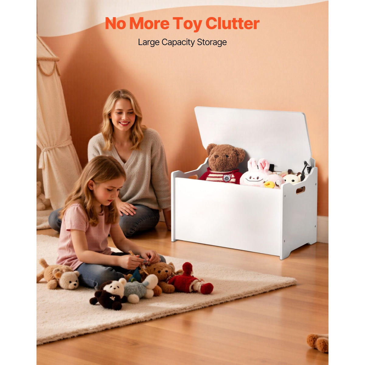 Kids Storage Bench, Wooden Toy Box Chest with Backrest, Large Storage Cabinet with Safety Hinge, Toddlers Storage Bench for Playroom, Living Room or Entryway, 23.5 x 14.5 x 21.46 in, White