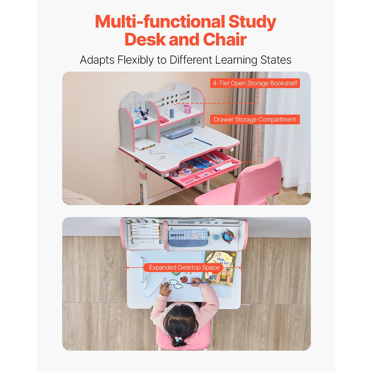 Kids Study Chair and Desk Set, Study Desk and Chair for Kids with Bookshelf and Storage Drawer, Adjustable Height Kids Study Desk with Chair, Children Study Table for Bedroom & Study Room, Pink