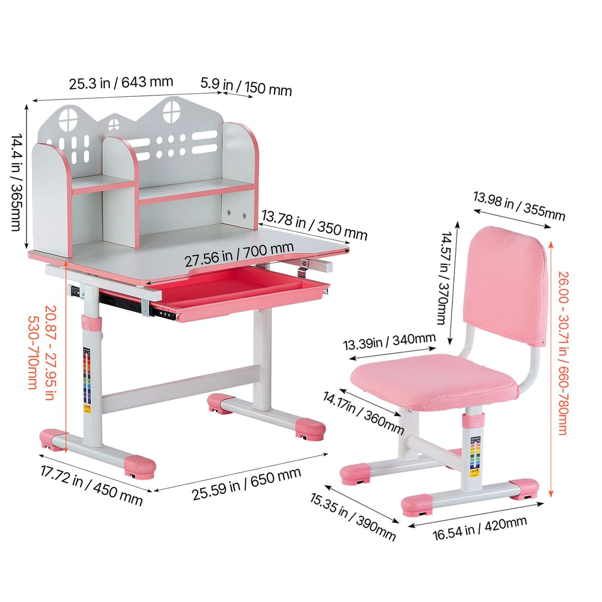 Kids Study Chair and Desk Set, Study Desk and Chair for Kids with Bookshelf and Storage Drawer, Adjustable Height Kids Study Desk with Chair, Children Study Table for Bedroom & Study Room, Pink
