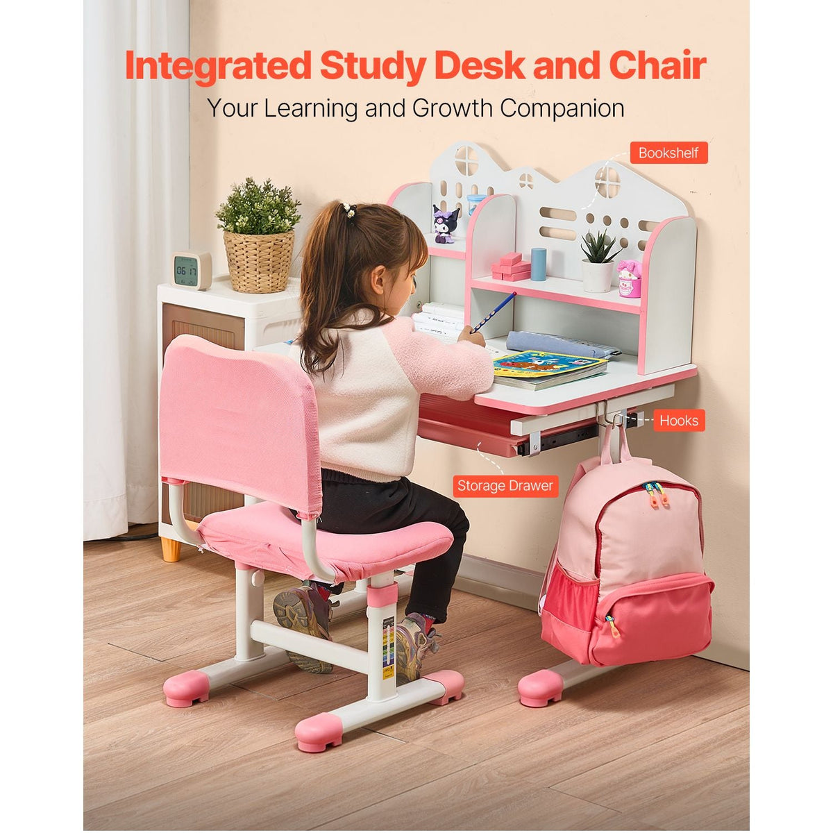 Kids Study Chair and Desk Set, Study Desk and Chair for Kids with Bookshelf and Storage Drawer, Adjustable Height Kids Study Desk with Chair, Children Study Table for Bedroom & Study Room, Pink