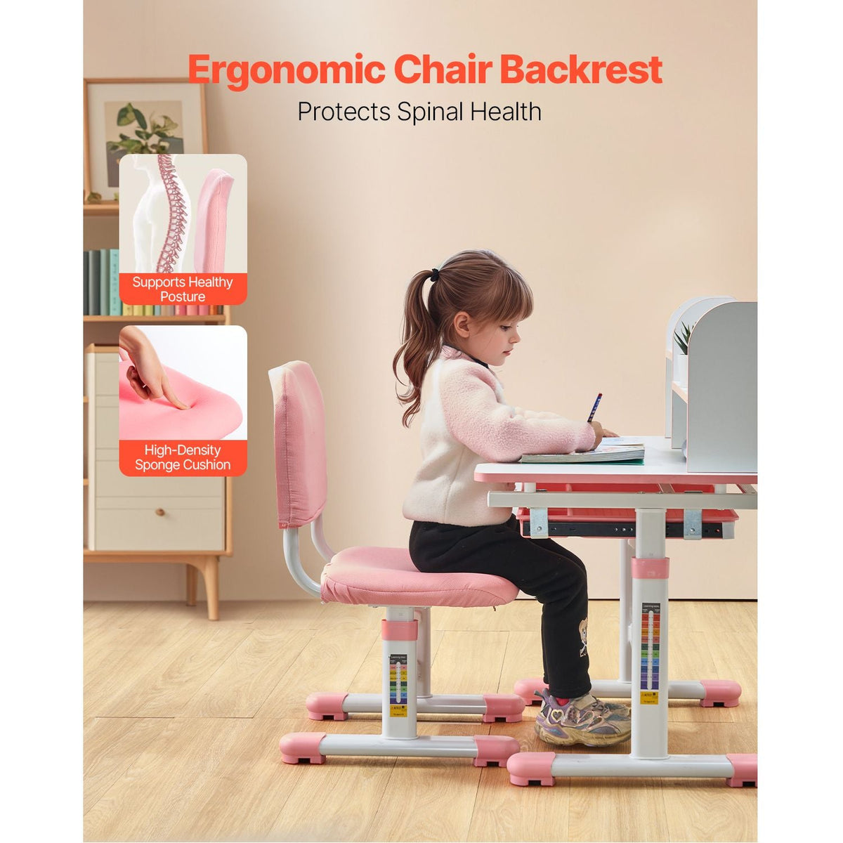 Kids Study Chair and Desk Set, Study Desk and Chair for Kids with Bookshelf and Storage Drawer, Adjustable Height Kids Study Desk with Chair, Children Study Table for Bedroom & Study Room, Pink