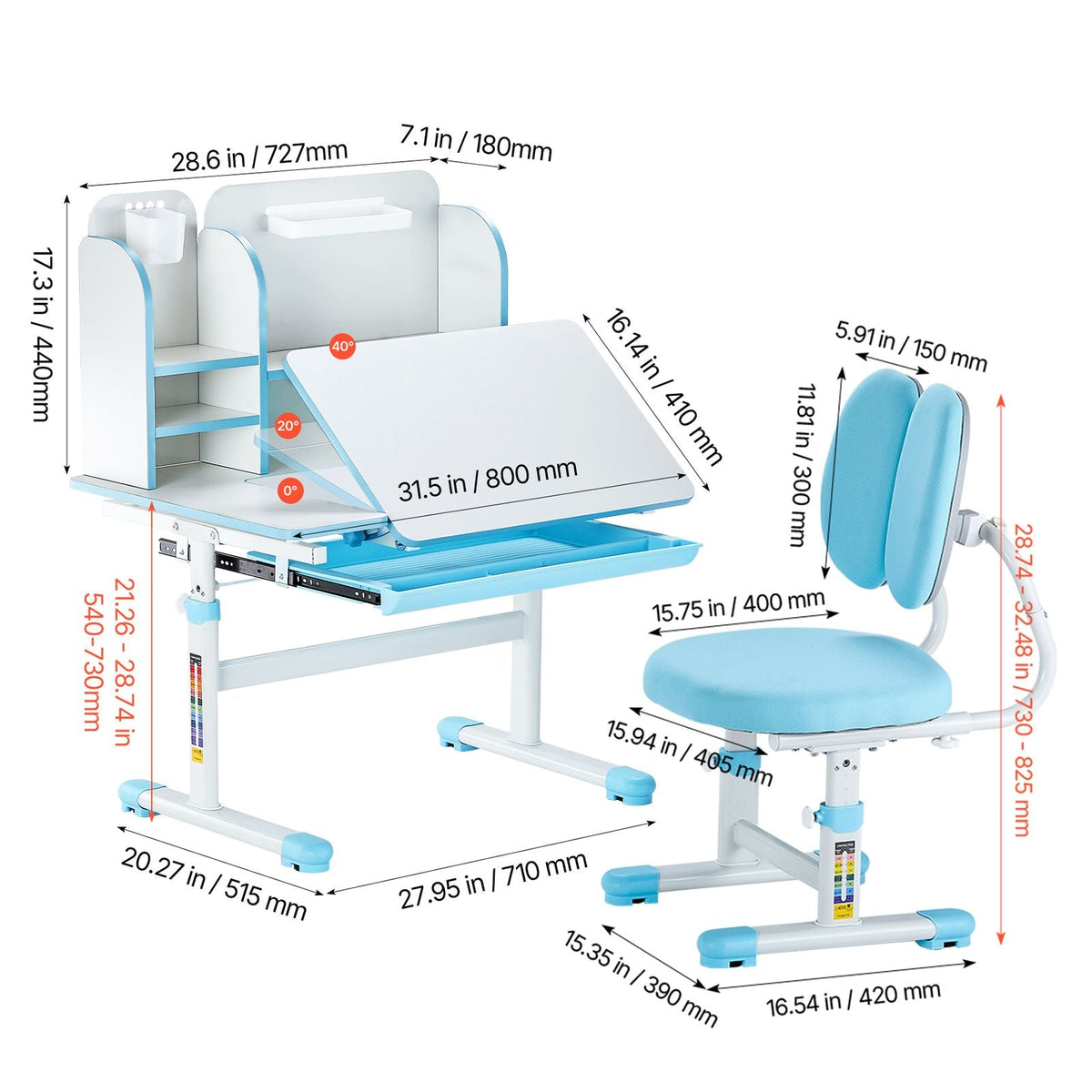Kids Study Chair and Desk Set, Study Desk and Chair for Kids with Bookshelf & Storage Drawer, Adjustable Height & 0-40° Tilted Desktop Desk and Chair, Study Table for Bedroom & Study Room, Blue