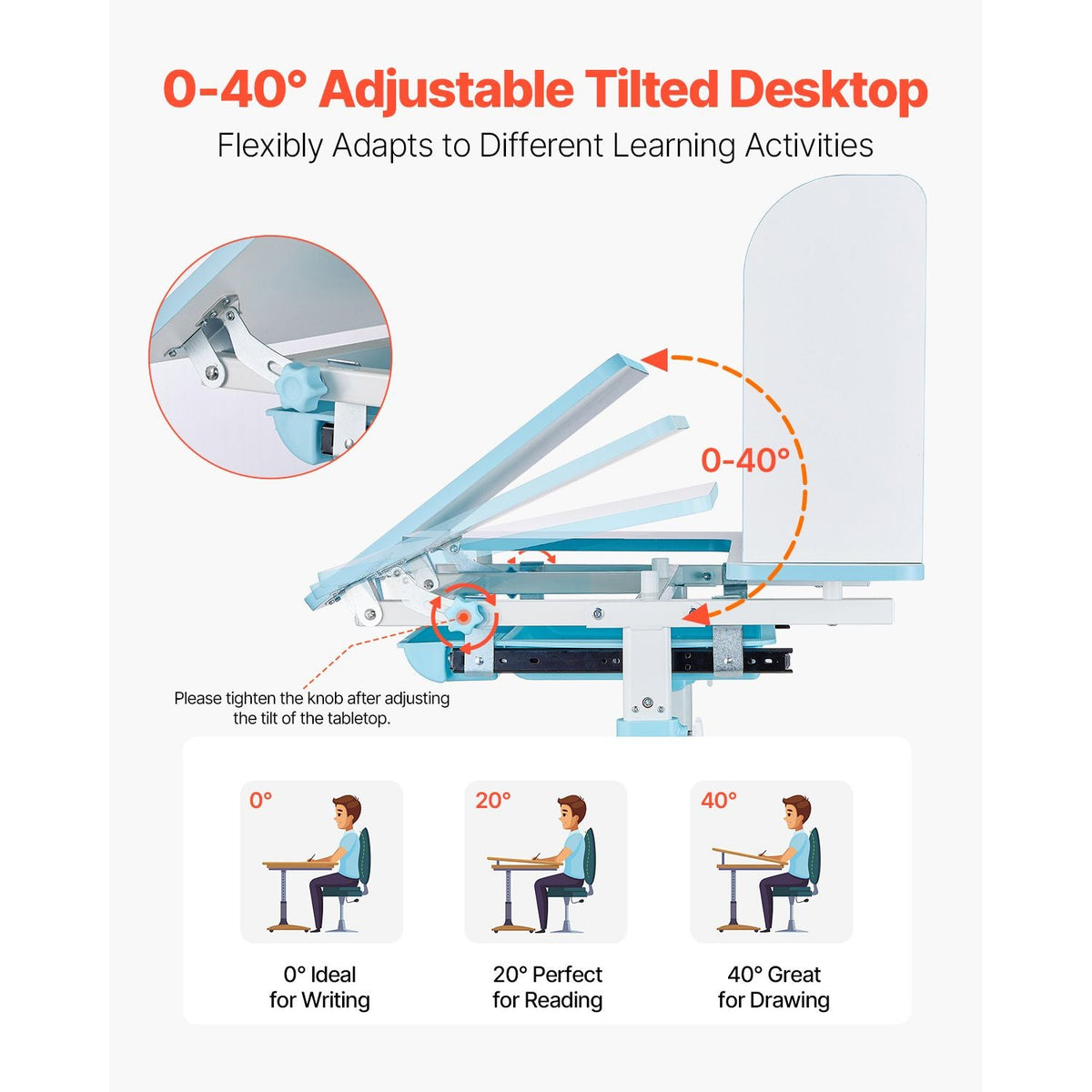 Kids Study Chair and Desk Set, Study Desk and Chair for Kids with Bookshelf & Storage Drawer, Adjustable Height & 0-40° Tilted Desktop Desk and Chair, Study Table for Bedroom & Study Room, Blue