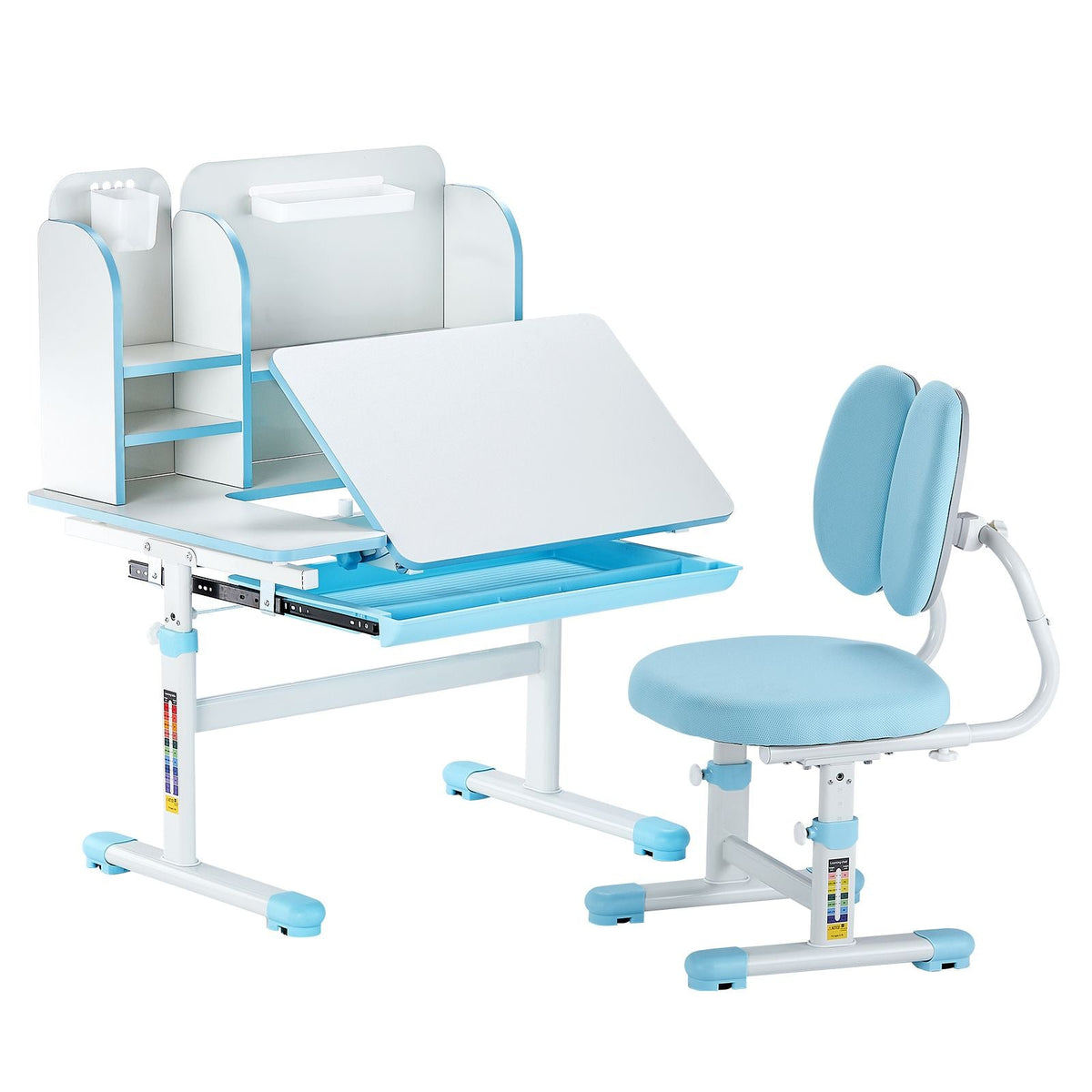 Kids Study Chair and Desk Set, Study Desk and Chair for Kids with Bookshelf & Storage Drawer, Adjustable Height & 0-40° Tilted Desktop Desk and Chair, Study Table for Bedroom & Study Room, Blue