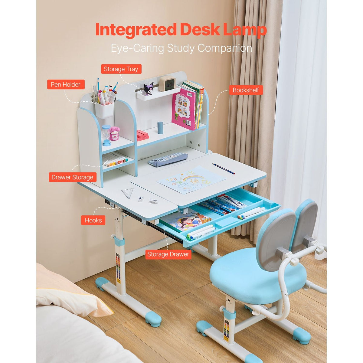 Kids Study Chair and Desk Set, Study Desk and Chair for Kids with Bookshelf & Storage Drawer, Adjustable Height & 0-40° Tilted Desktop Desk and Chair, Study Table for Bedroom & Study Room, Blue
