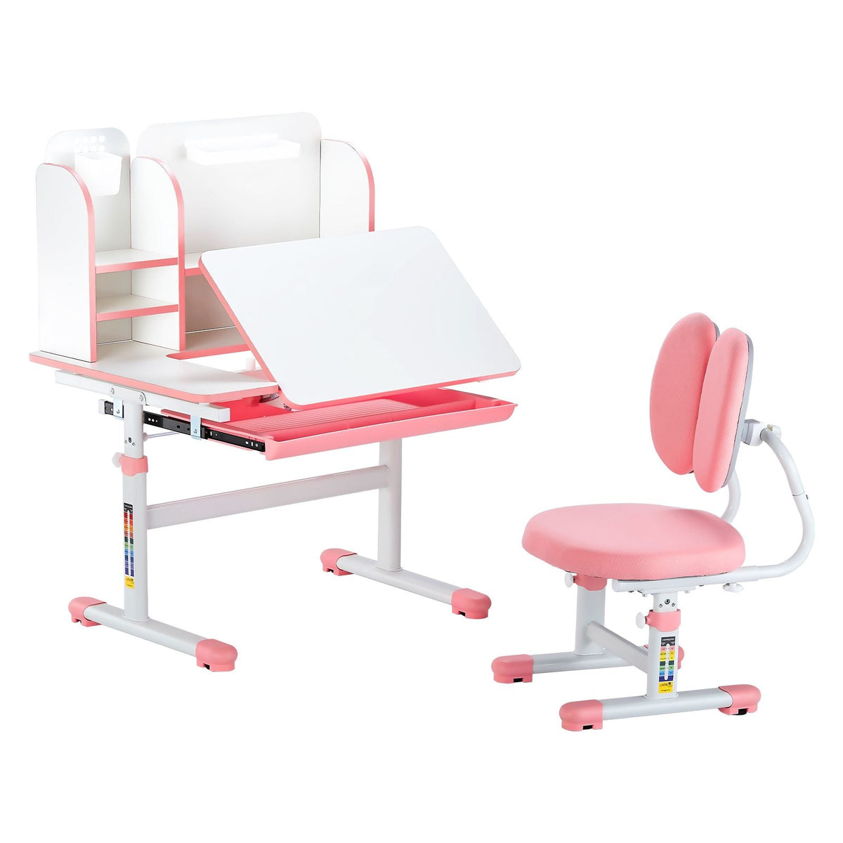 Kids Study Chair and Desk Set, Study Desk and Chair for Kids with Bookshelf & Storage Drawer, Adjustable Height & 0-40° Tilted Desktop Desk and Chair, Study Table for Bedroom & Study Room, Pink