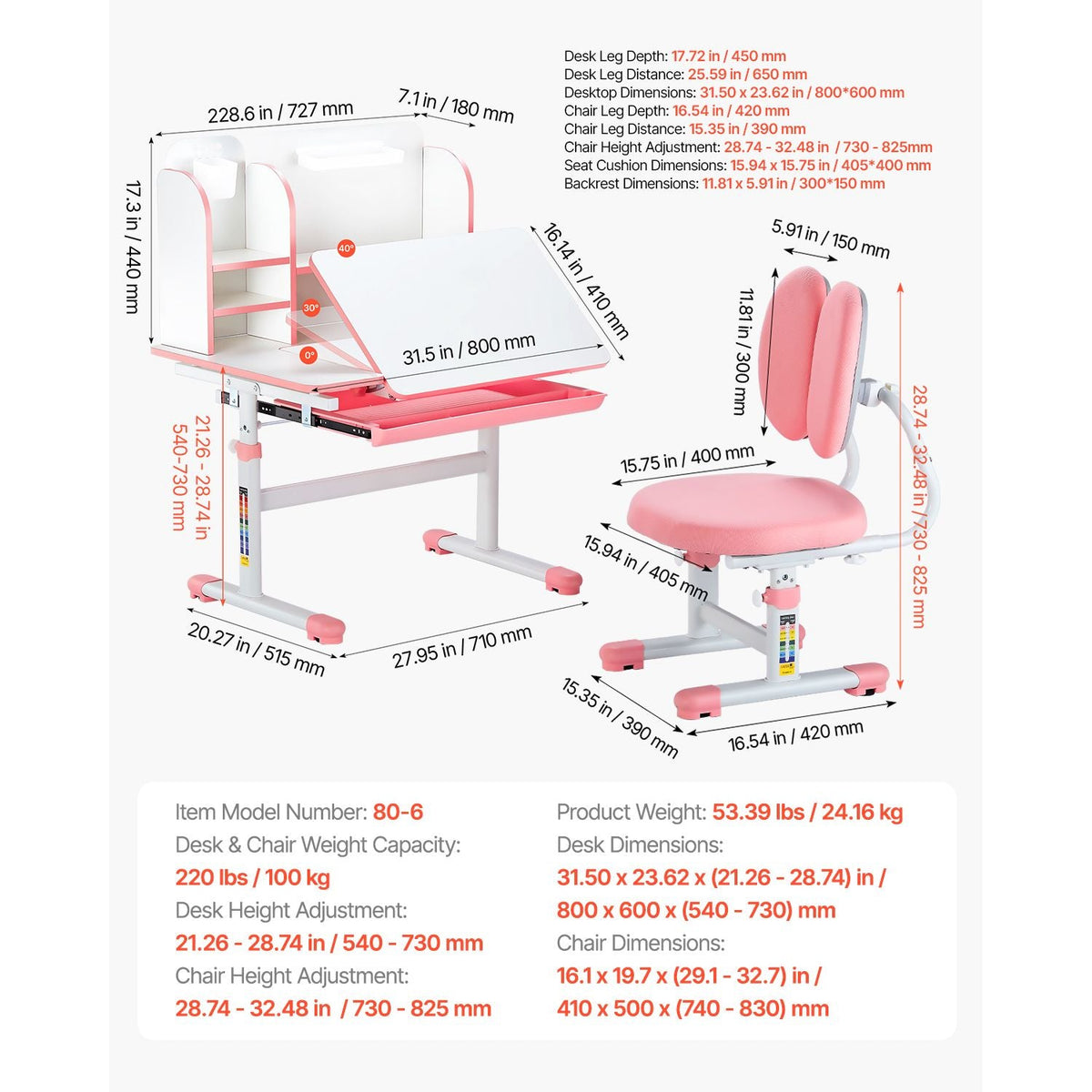 Kids Study Chair and Desk Set, Study Desk and Chair for Kids with Bookshelf & Storage Drawer, Adjustable Height & 0-40° Tilted Desktop Desk and Chair, Study Table for Bedroom & Study Room, Pink