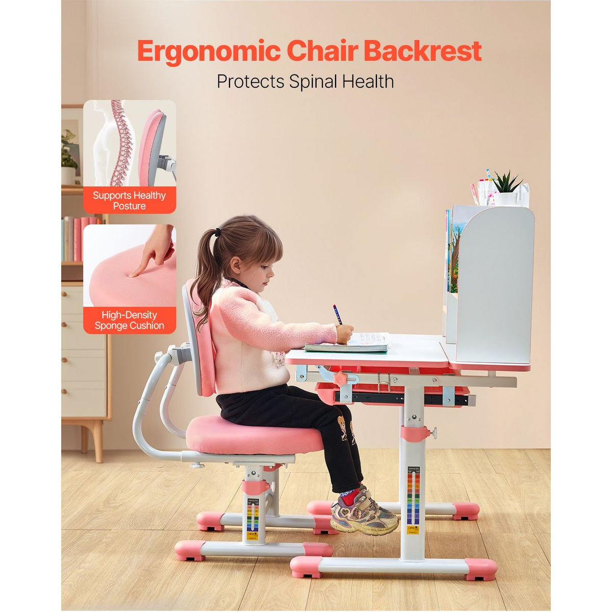 Kids Study Chair and Desk Set, Study Desk and Chair for Kids with Bookshelf & Storage Drawer, Adjustable Height & 0-40° Tilted Desktop Desk and Chair, Study Table for Bedroom & Study Room, Pink