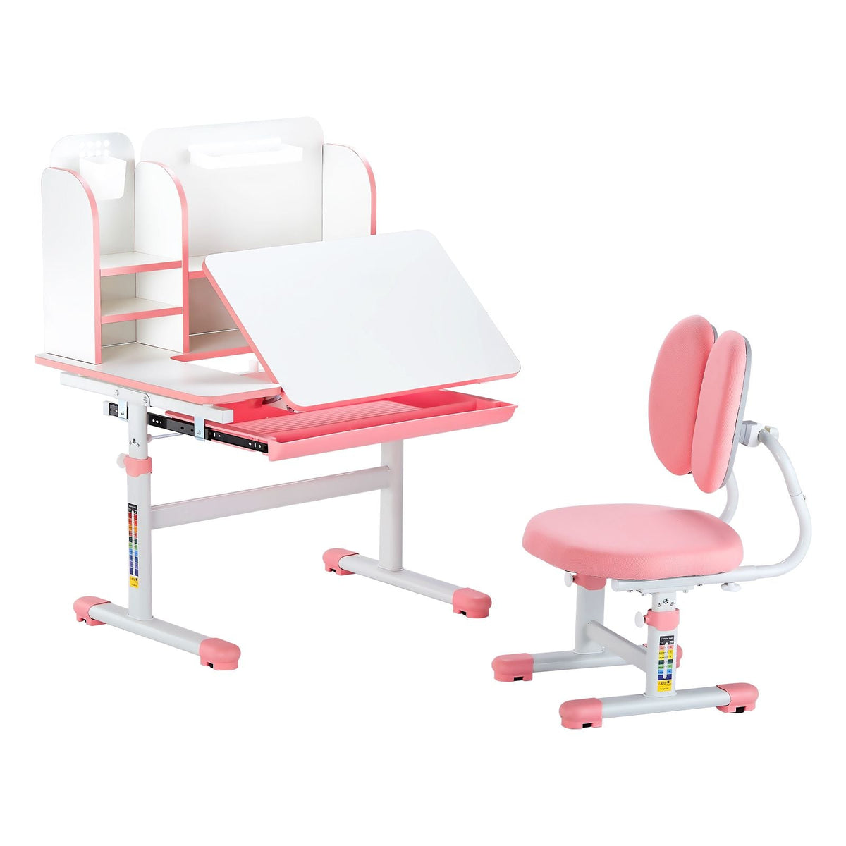 Kids Study Chair and Desk Set, Study Desk and Chair for Kids with Bookshelf & Storage Drawer, Adjustable Height & 0-40° Tilted Desktop Desk and Chair, Study Table for Bedroom & Study Room, Pink
