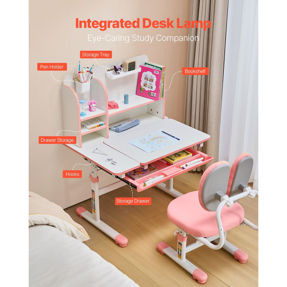 Kids Study Chair and Desk Set, Study Desk and Chair for Kids with Bookshelf & Storage Drawer, Adjustable Height & 0-40° Tilted Desktop Desk and Chair, Study Table for Bedroom & Study Room, Pink