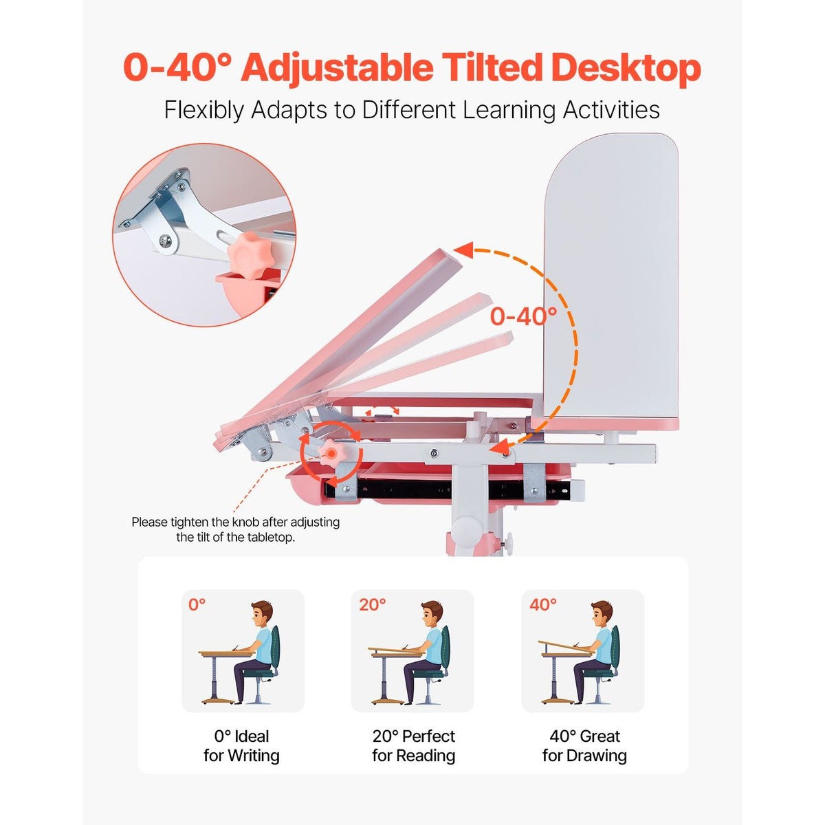 Kids Study Chair and Desk Set, Study Desk and Chair for Kids with Bookshelf & Storage Drawer, Adjustable Height & 0-40° Tilted Desktop Desk and Chair, Study Table for Bedroom & Study Room, Pink