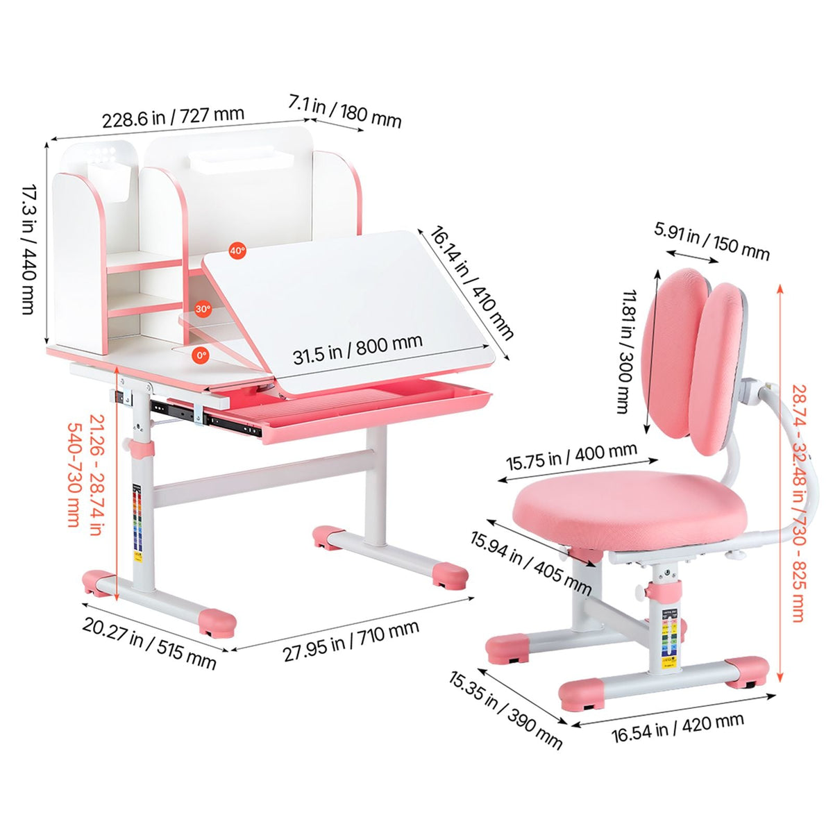 Kids Study Chair and Desk Set, Study Desk and Chair for Kids with Bookshelf & Storage Drawer, Adjustable Height & 0-40° Tilted Desktop Desk and Chair, Study Table for Bedroom & Study Room, Pink