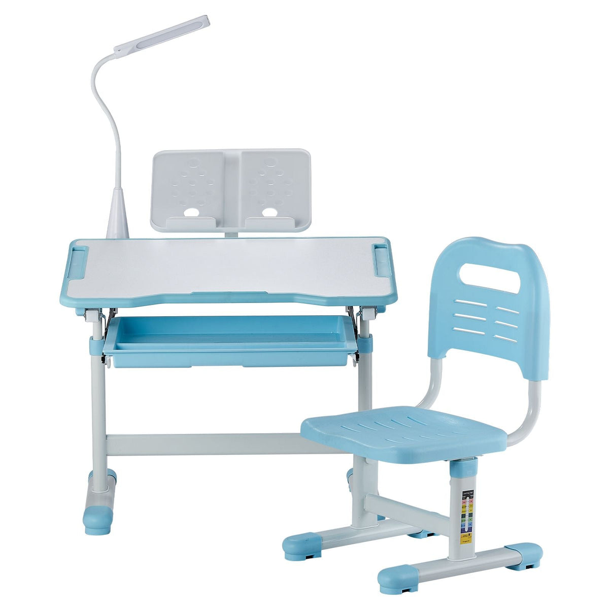 Kids Study Chair and Desk Set, Study Desk and Chair for Kids with Table Lamp, Adjustable Height & 0-40° Tilted Desktop Kids Desk and Chair, Children Study Table for Bedroom & Study Room, Blue