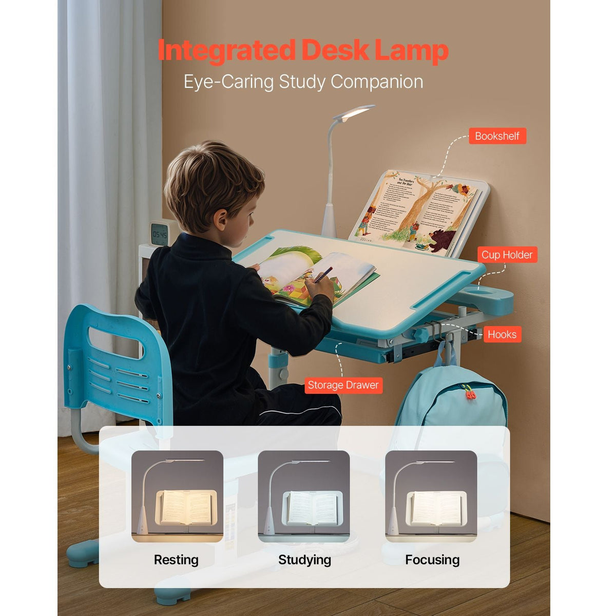 Kids Study Chair and Desk Set, Study Desk and Chair for Kids with Table Lamp, Adjustable Height & 0-40° Tilted Desktop Kids Desk and Chair, Children Study Table for Bedroom & Study Room, Blue