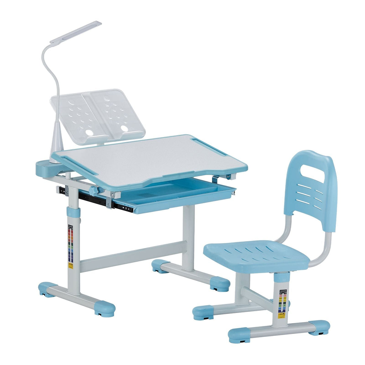 Kids Study Chair and Desk Set, Study Desk and Chair for Kids with Table Lamp, Adjustable Height & 0-40° Tilted Desktop Kids Desk and Chair, Children Study Table for Bedroom & Study Room, Blue