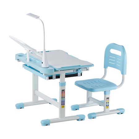 Kids Study Chair and Desk Set, Study Desk and Chair for Kids with Table Lamp, Adjustable Height & 0-40° Tilted Desktop Kids Desk and Chair, Children Study Table for Bedroom & Study Room, Blue