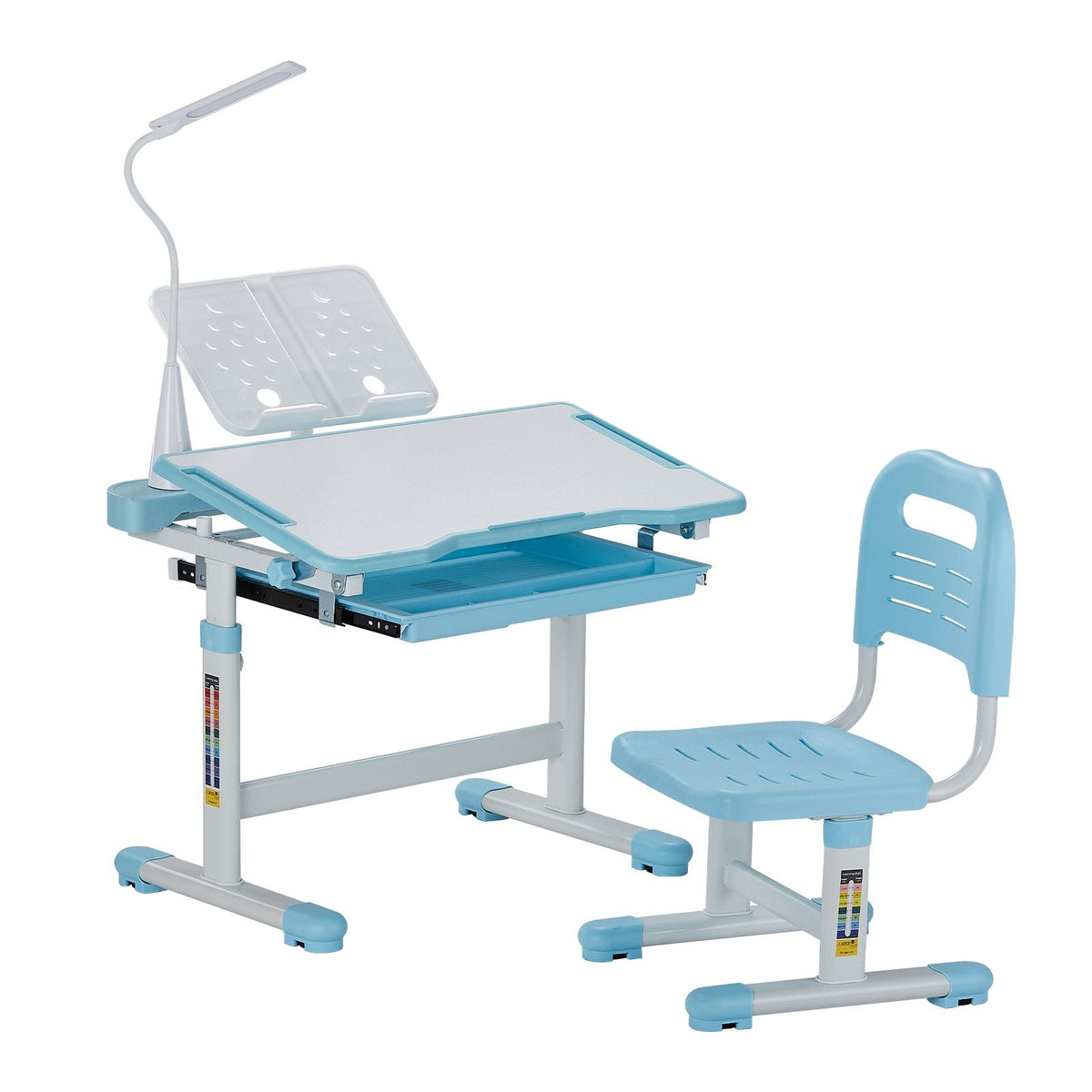 Kids Study Chair and Desk Set, Study Desk and Chair for Kids with Table Lamp, Adjustable Height & 0-40° Tilted Desktop Kids Desk and Chair, Children Study Table for Bedroom & Study Room, Blue