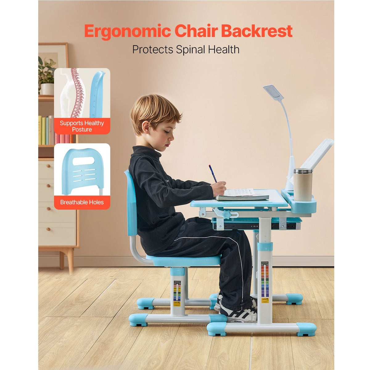 Kids Study Chair and Desk Set, Study Desk and Chair for Kids with Table Lamp, Adjustable Height & 0-40° Tilted Desktop Kids Desk and Chair, Children Study Table for Bedroom & Study Room, Blue