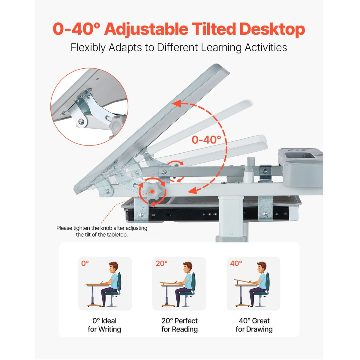 Kids Study Chair and Desk Set, Study Desk and Chair for Kids with Table Lamp, Adjustable Height & 0-40° Tilted Desktop Kids Desk and Chair, Children Study Table for Bedroom & Study Room, Grey