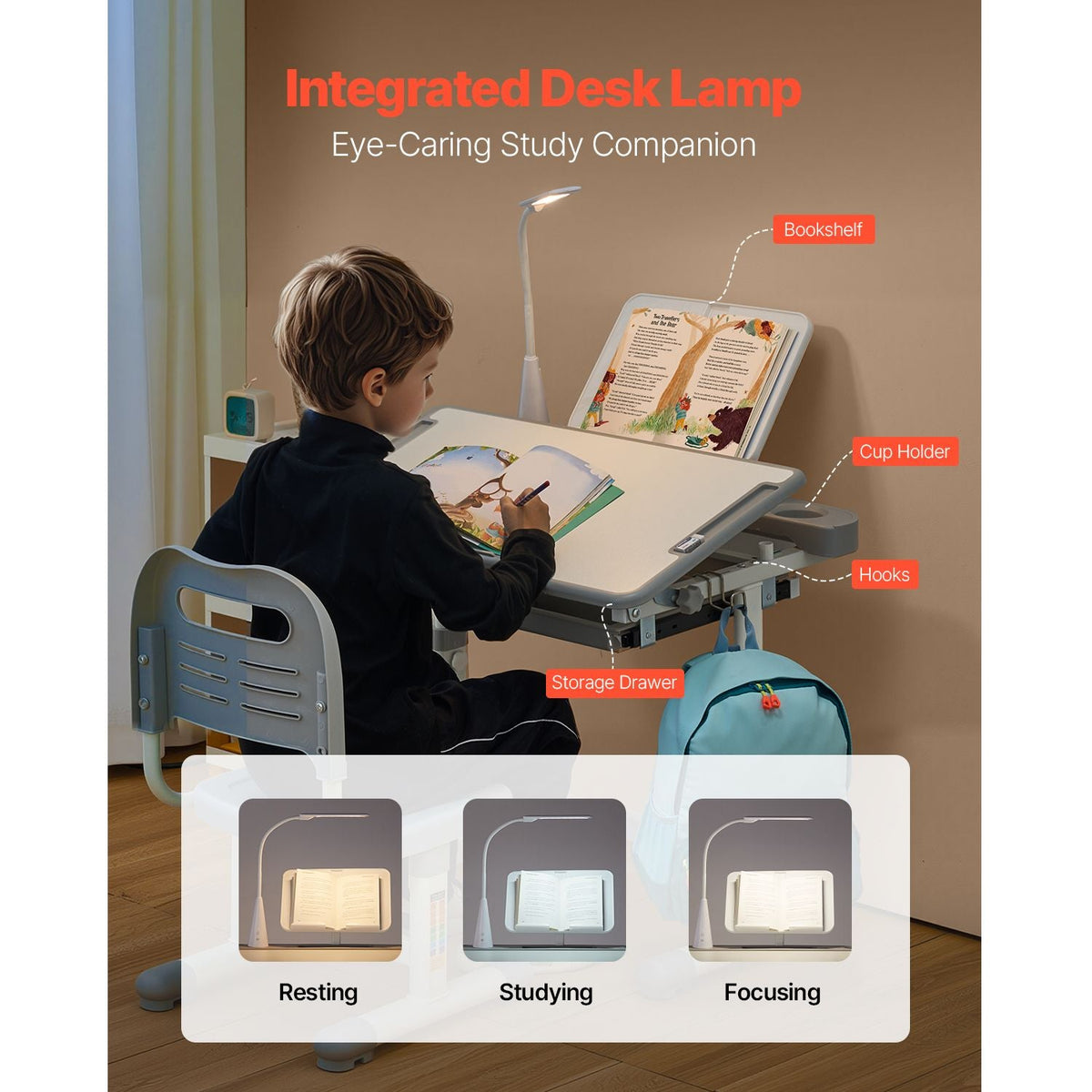 Kids Study Chair and Desk Set, Study Desk and Chair for Kids with Table Lamp, Adjustable Height & 0-40° Tilted Desktop Kids Desk and Chair, Children Study Table for Bedroom & Study Room, Grey