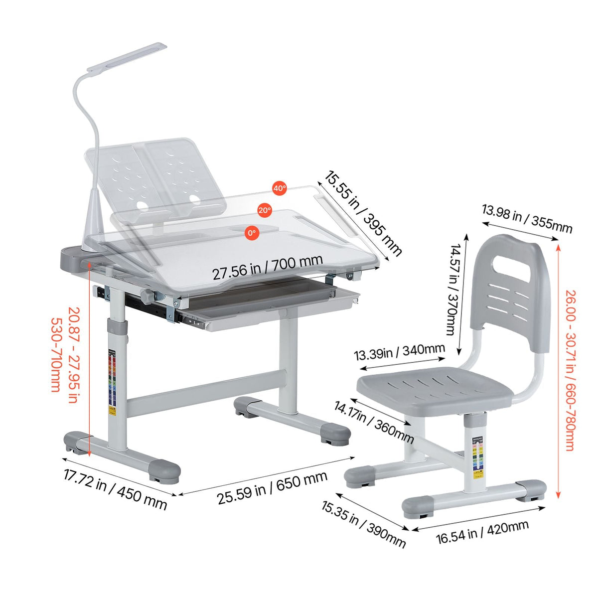 Kids Study Chair and Desk Set, Study Desk and Chair for Kids with Table Lamp, Adjustable Height & 0-40° Tilted Desktop Kids Desk and Chair, Children Study Table for Bedroom & Study Room, Grey