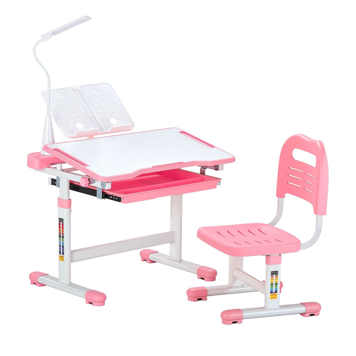 Kids Study Chair and Desk Set, Study Desk and Chair for Kids with Table Lamp, Adjustable Height & 0-40° Tilted Desktop Kids Desk and Chair, Children Study Table for Bedroom & Study Room, Pink