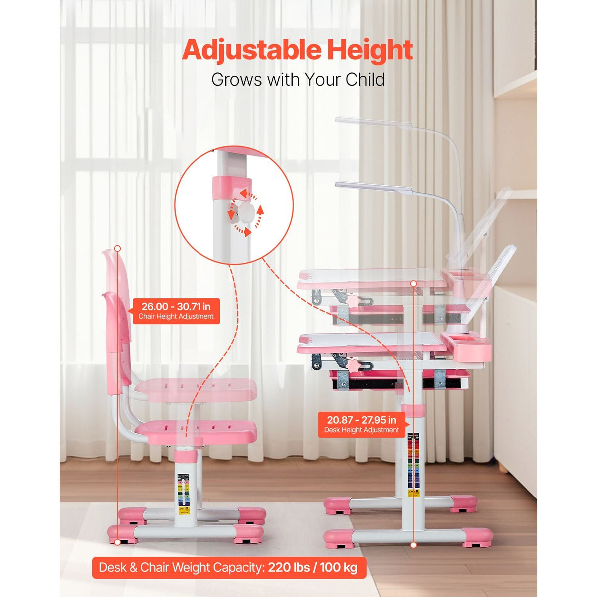 Kids Study Chair and Desk Set, Study Desk and Chair for Kids with Table Lamp, Adjustable Height & 0-40° Tilted Desktop Kids Desk and Chair, Children Study Table for Bedroom & Study Room, Pink
